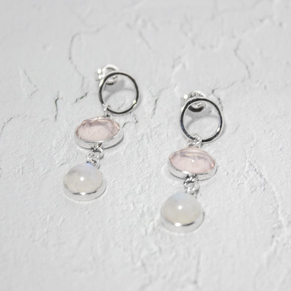 Rose Quartz & Rainbow Moonstone Open Circle Post Sterling Silver