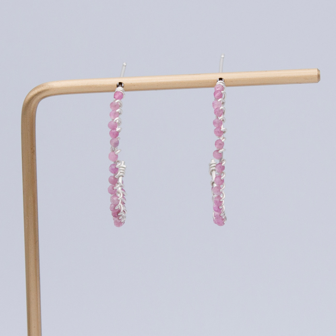 Pink Tourmaline Beaded Sterling Silver Hoop Earrings