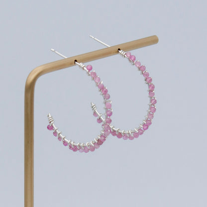 Pink Tourmaline Beaded Sterling Silver Hoop Earrings