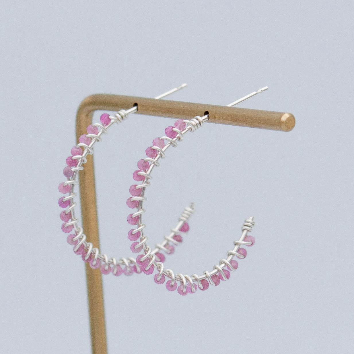 Pink Tourmaline Beaded Sterling Silver Hoop Earrings