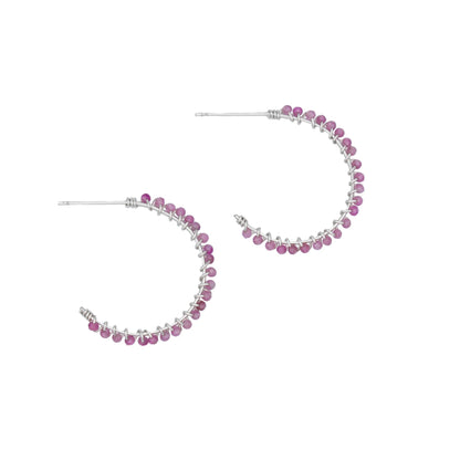 Pink Tourmaline Beaded Sterling Silver Hoop Earrings