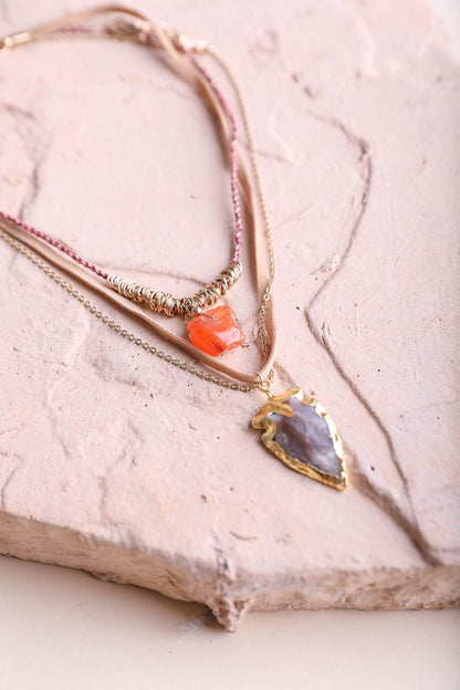 Carnelian & Brown Agate Suede Necklace