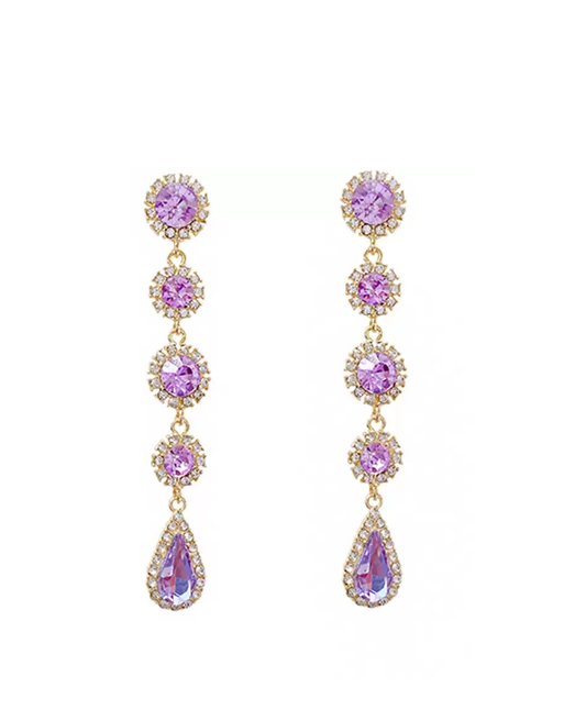 Purple Stone Beaded Long Elegant Drop Dangle Earrings Crystal Metal