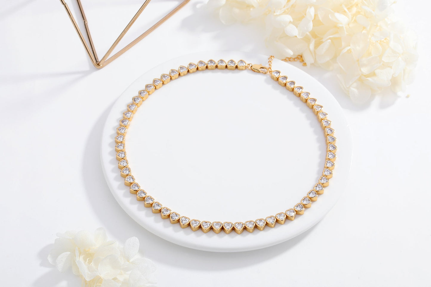 Gold Heart Shaped Zirconia Tennis Choker Necklace