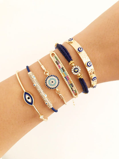 Blue Evil Eye Bracelet Set, Greek Bangle Bracelet, Seed Beads Bracelet