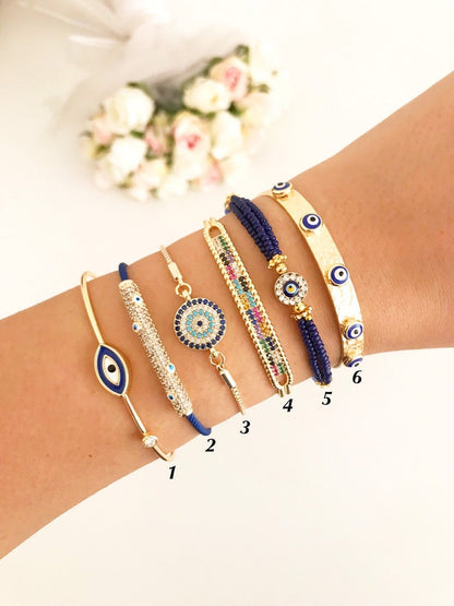 Blue Evil Eye Bracelet Set, Greek Bangle Bracelet, Seed Beads Bracelet