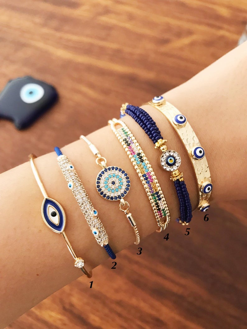 Blue Evil Eye Bracelet Set, Greek Bangle Bracelet, Seed Beads Bracelet