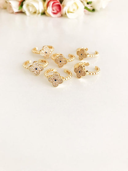 Gold Clover Ring, Adjustable Zircon Ring, Four Leaf Clover Charm