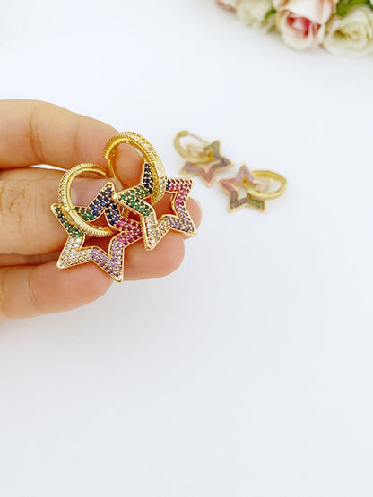 Dangle Earrings, Rainbow Zircon Earrings, Heart Star Charm Earrings