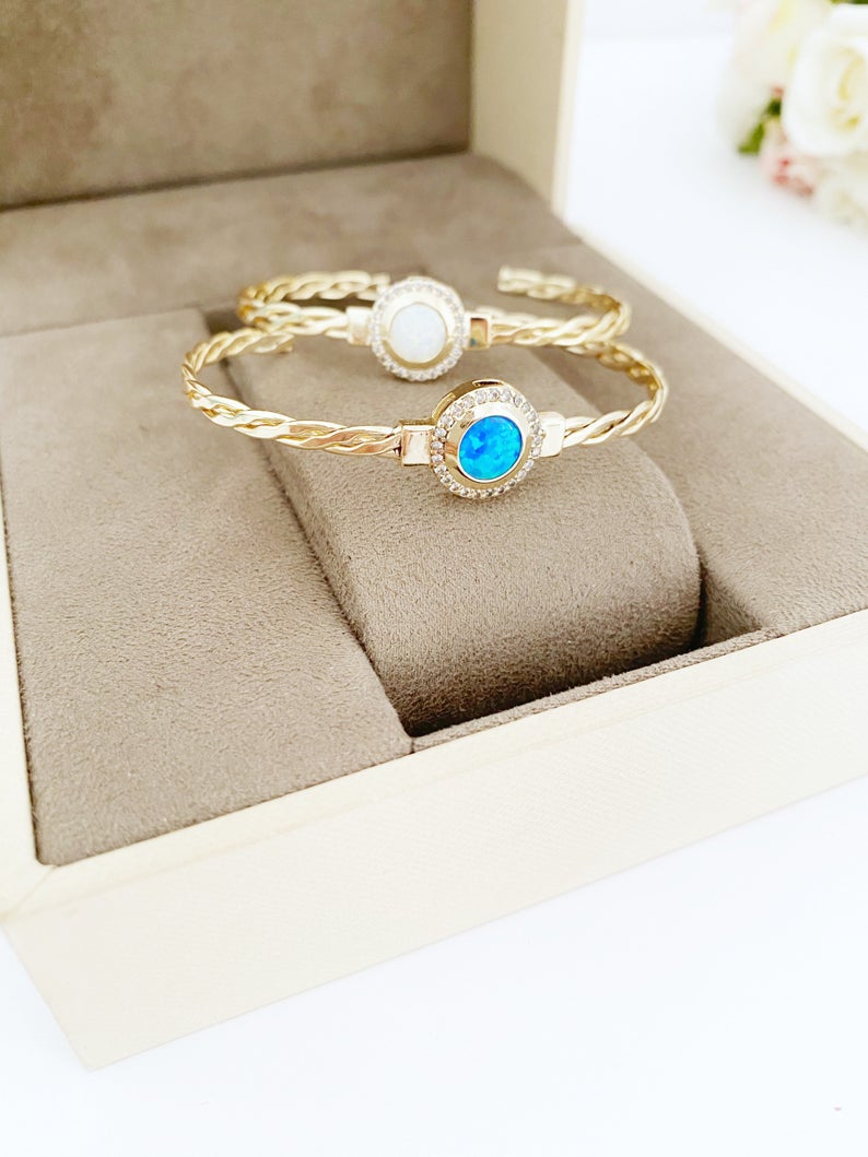 Gold Twisted Rope Cuff Bracelet, Opal Bead Bracelet, Curb Chain