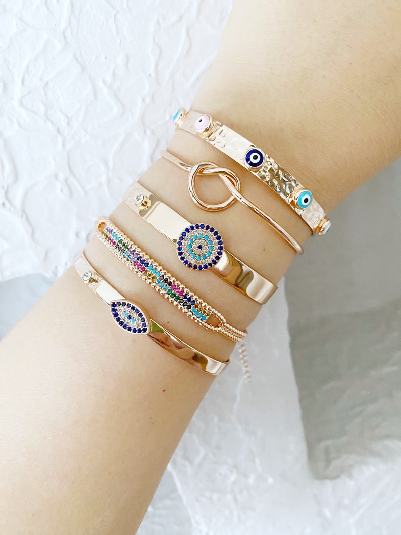 Evil Eye Bracelet, Rose Gold Cuff Bracelet, Knot Bracelet, Bangles