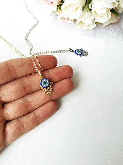 Zirconia Hamsa Evil Eye Necklace