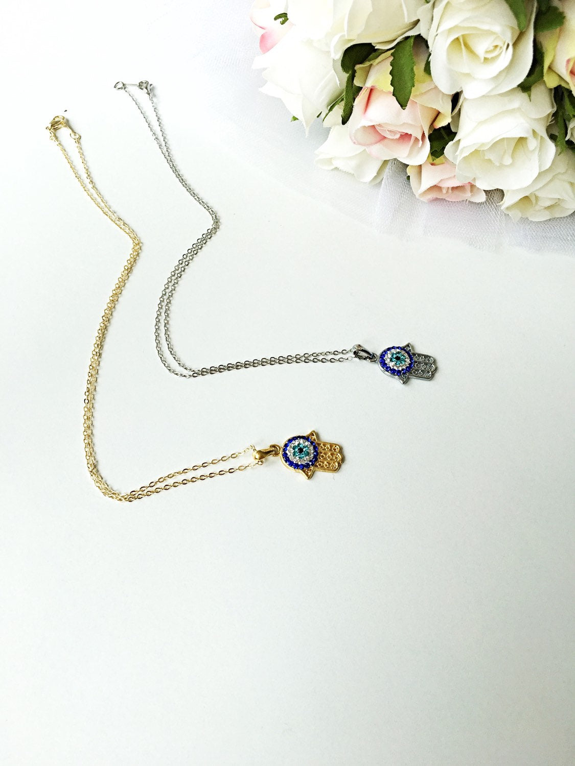 Zirconia Hamsa Evil Eye Necklace