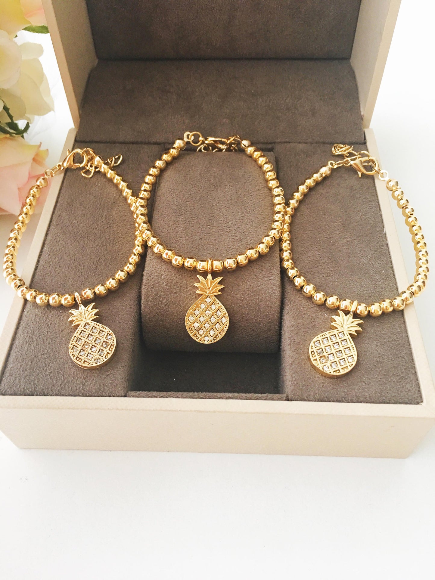 Gold Beaded Pineapple Charm bracelet