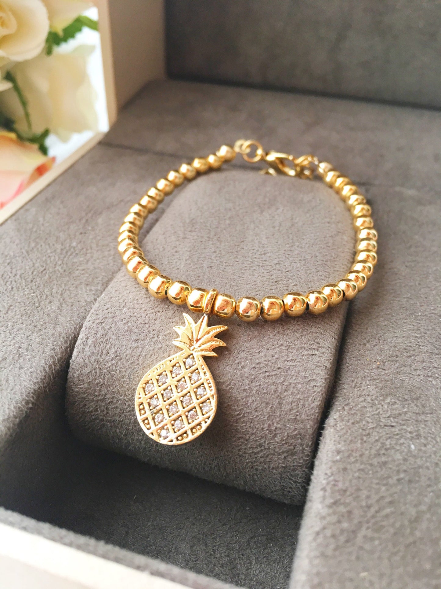 Gold Beaded Pineapple Charm bracelet