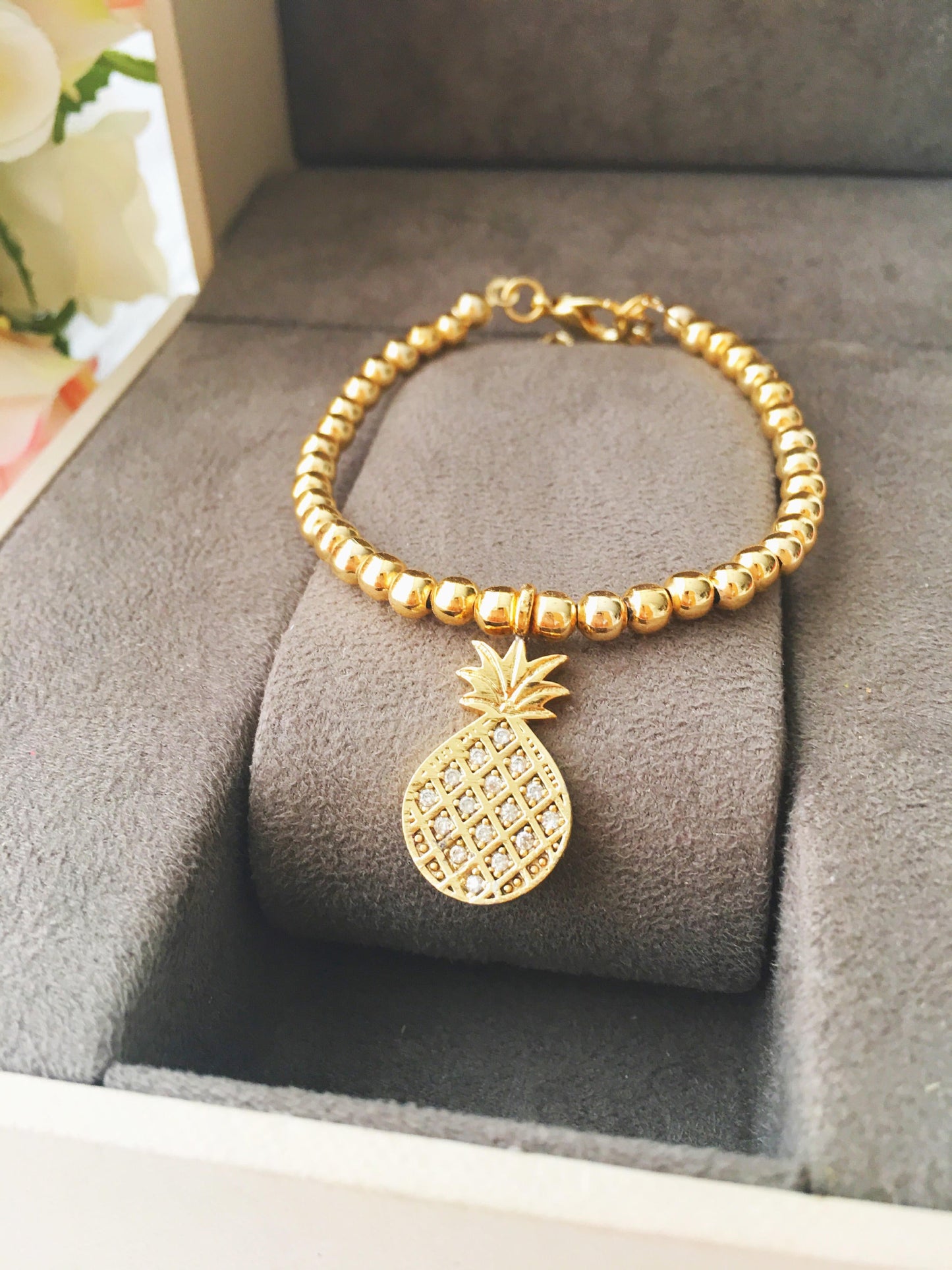 Gold Beaded Pineapple Charm bracelet