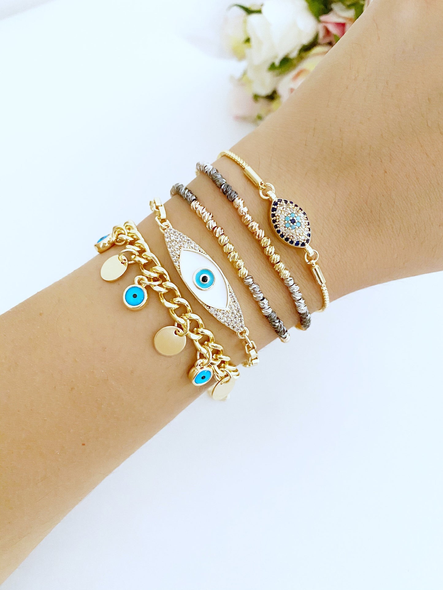 Gold Chain Blue Evil Eye Bracelet Greek Jewelry