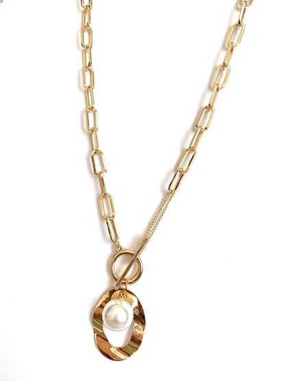 Large Link Necklace with Simulated Pearl