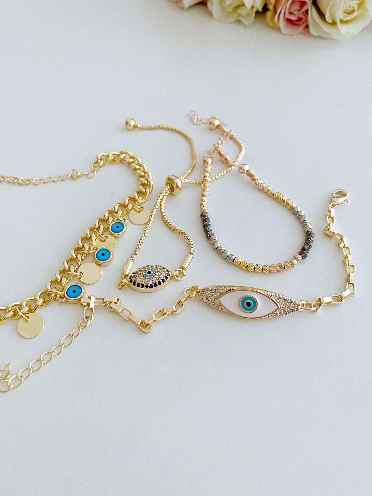 Gold Chain Blue Evil Eye Bracelet Greek Jewelry