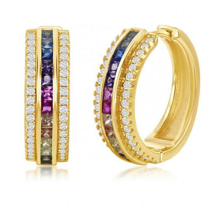 18K Gold-Plated Rainbow Stone Pave' Thick Hoop Earrings