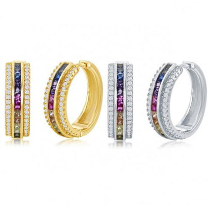 18K Gold-Plated Rainbow Stone Pave' Thick Hoop Earrings