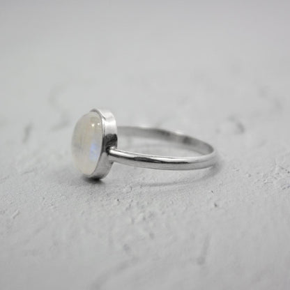 Rainbow Moonstone Open Bezel Sterling Silver Ring