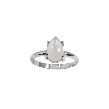 Rainbow Moonstone Pear Claw Sterling Silver Ring