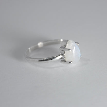 Rainbow Moonstone Pear Claw Sterling Silver Ring