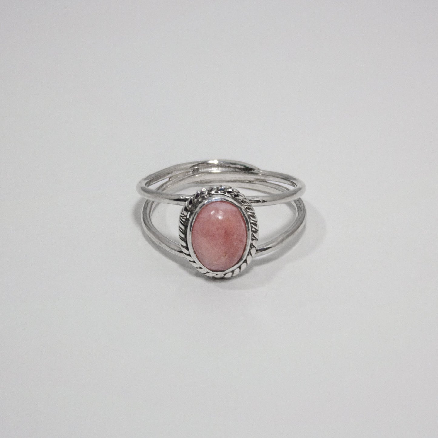 Pink Opal Oval Double Band Sterling Silver Ring