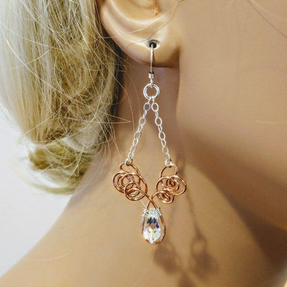 Wire Sculpted Crystal Drop Chandelier Angel Wing Earrings